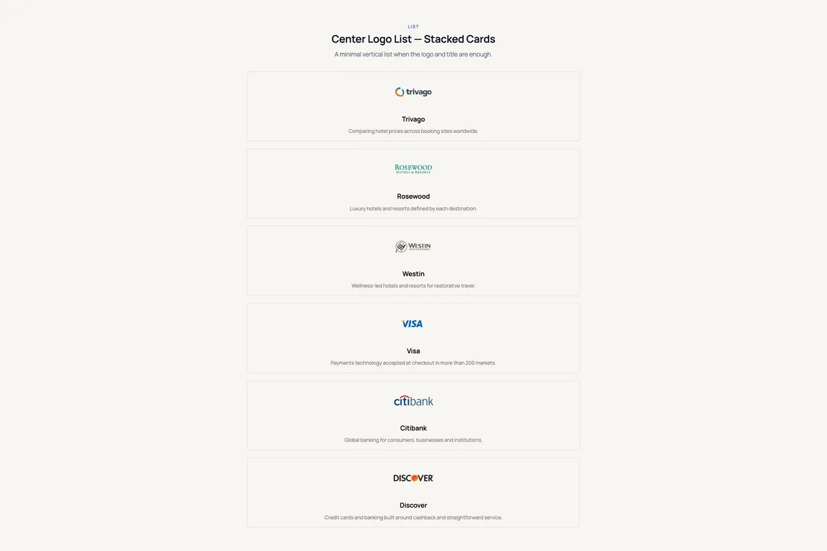 Logo Carousel – Center Logo List — Stacked Cards