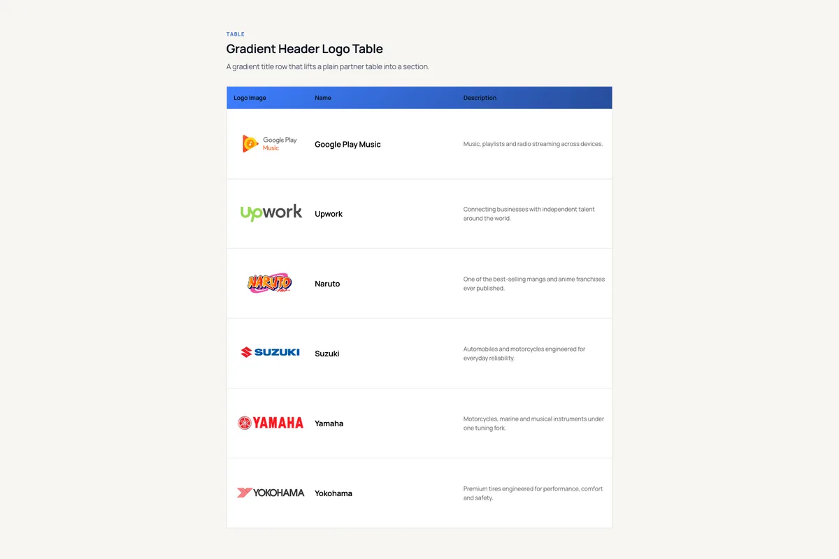 Logo Carousel – Gradient Header Logo Table