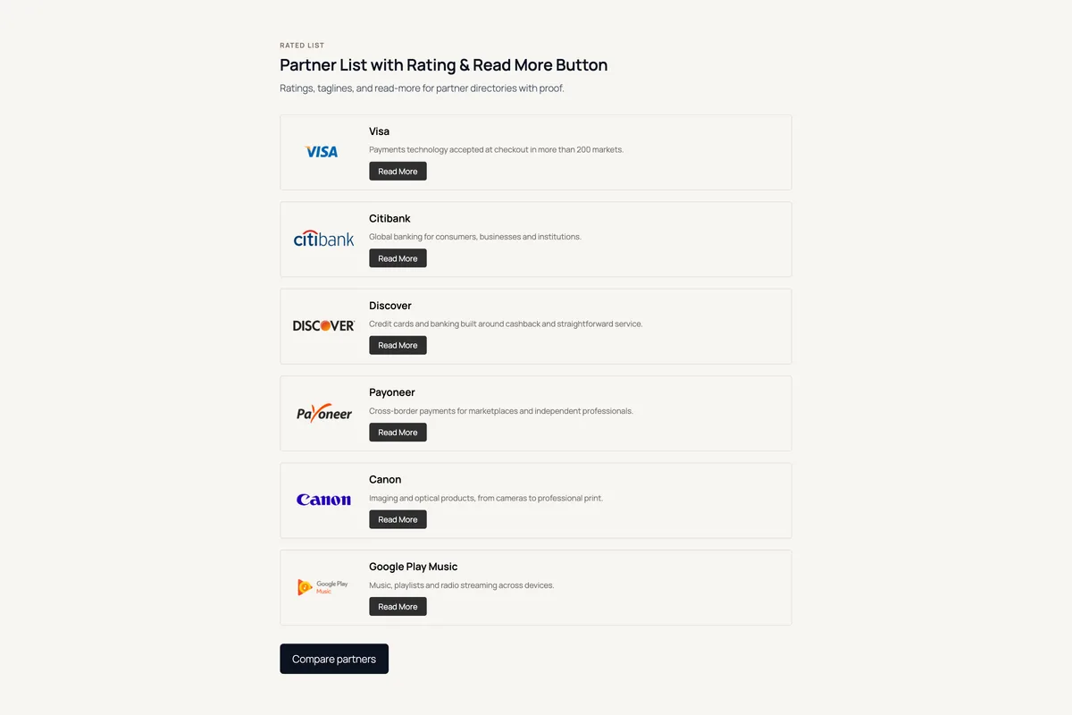 Logo Carousel – Partner List with Rating & Read More Button
