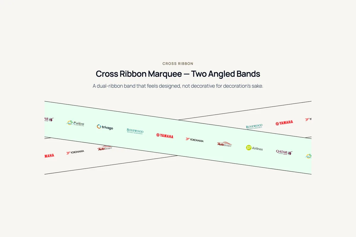 Logo Carousel – Cross Ribbon Marquee — Two Angled Bands